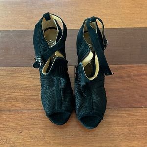 Jeffrey Campbell Black lace, heeled bootie with ankle strap